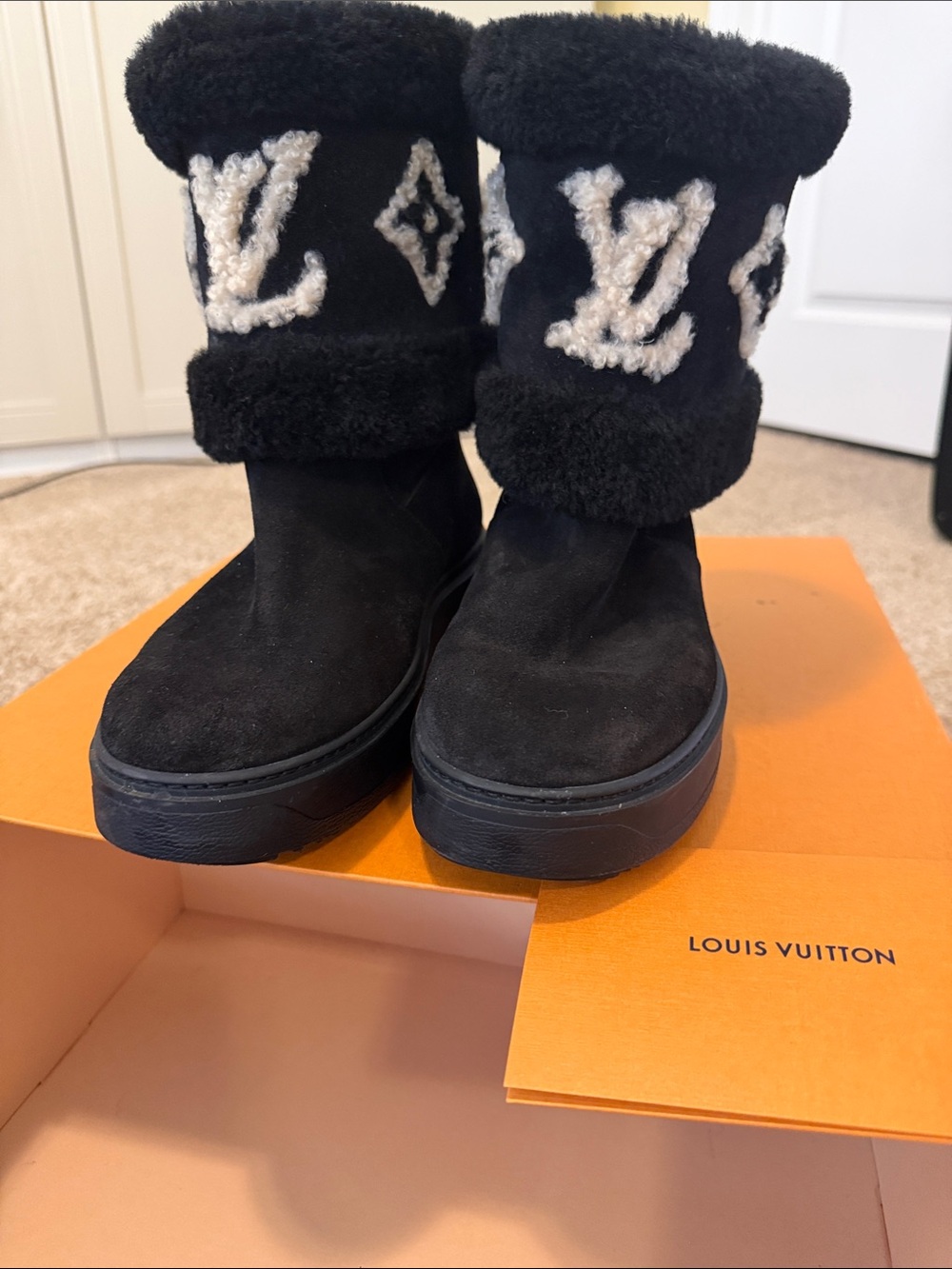 Louis Vuitton Black Suede Shearling Logo Ankle Boots